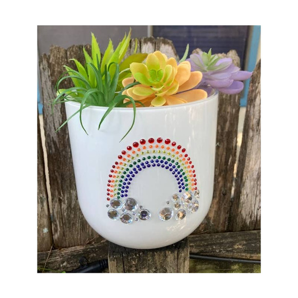 Large White Glass Rhinestone RAINBOW Vase - White Round Bling Planter - Picture 3 of 9